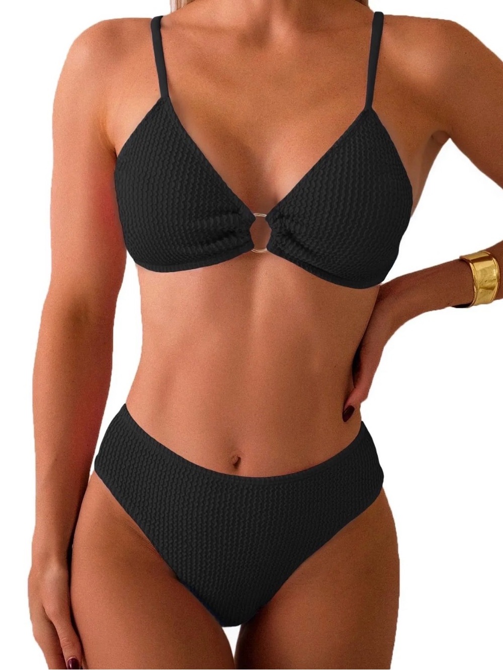 3L NWT Women’s Black Textured Ring-Front Bikini Set